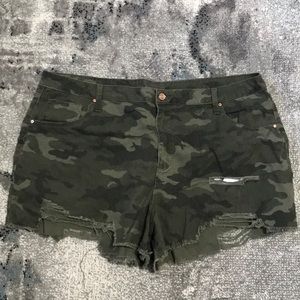 High Rise Ripped Jean Camo Shorts